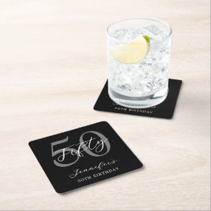 Modern Black and White Elegant 50th Birthday Square Paper Coaster