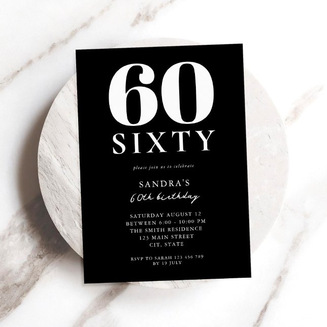 Modern Black and White Elegant 60th Birthday Invitation (Creator Uploaded)
