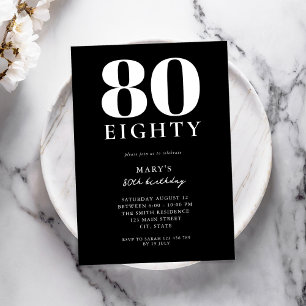 Modern Black and White Elegant 80th Birthday Invitation