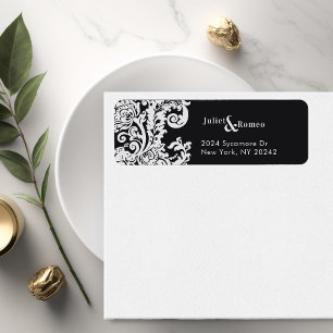 Modern Black and White Elegant Floral Damask  Return Address Label