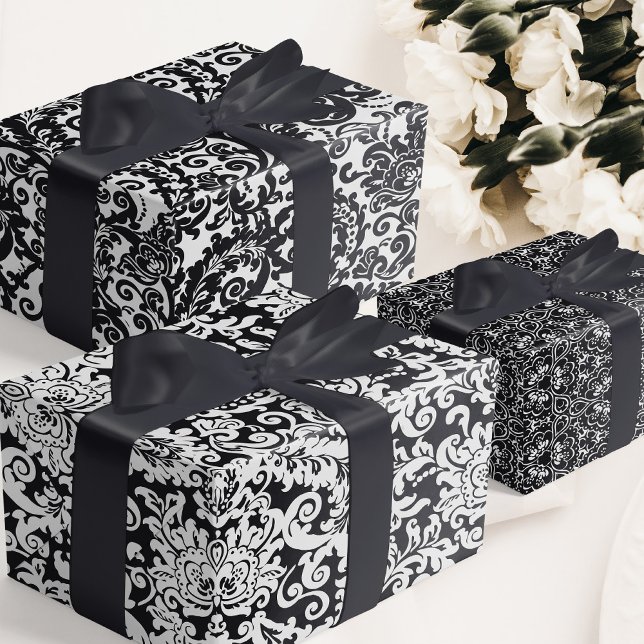 Modern Black and White Elegant Floral Damask Wrapping Paper Sheet (elegant black and white floral damask wedding wrapping paper)