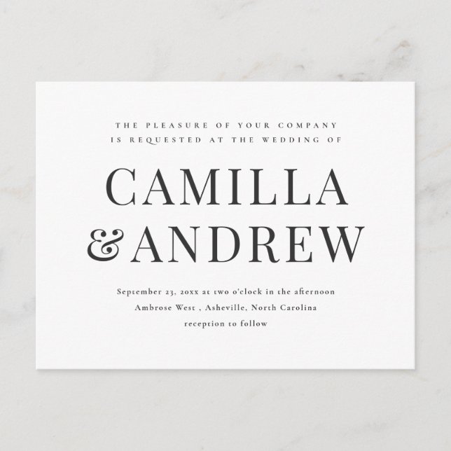 Modern Black and White Elegant Wedding Invitation Postcard (Front)