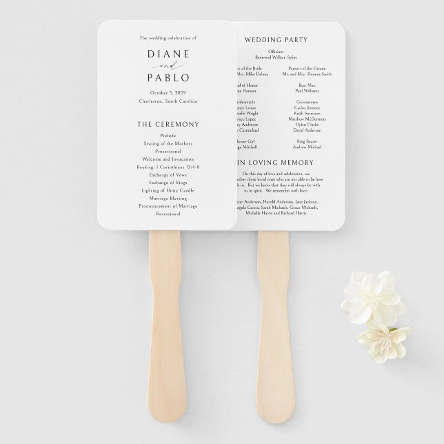 Modern Black and White Elegant Wedding Program Hand Fan (Front and Back)