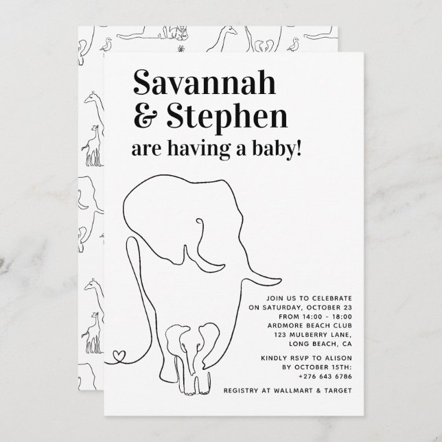 Modern Black and White Elephant Joint Baby Shower Invitation (Front/Back)