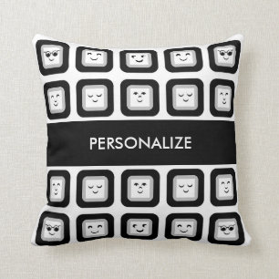 Modern Black and White Emoticon Tiles With Name Cushion