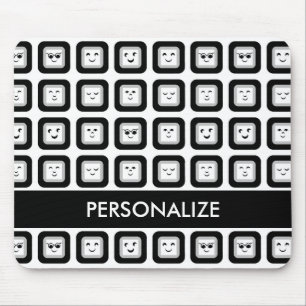 Modern Black and White Emoticon Tiles With Name Mouse Pad