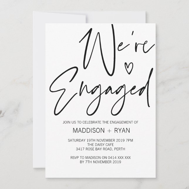 Modern Black and White Engagement Invitation Heart (Front)