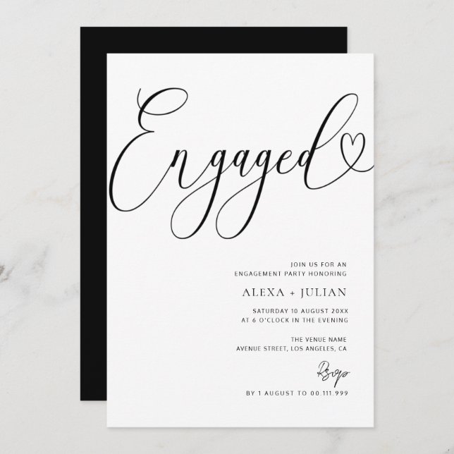 Modern black and white engagement party  invitation (Front/Back)