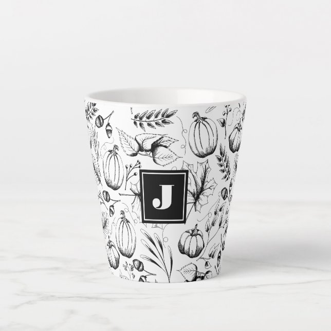 Modern Black and White Fall Illustration Monogram Latte Mug (Front)