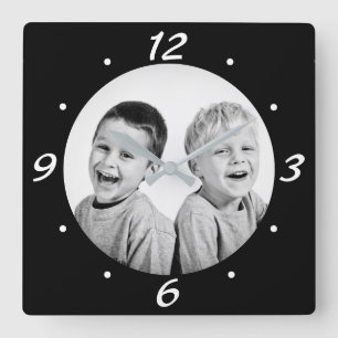Modern Black and White Family Photo Square Wall Clock