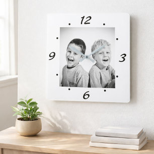 Modern Black and White Family Photo Square Wall Clock
