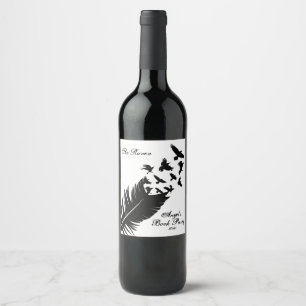 Modern, Black and White Feather Wine Label
