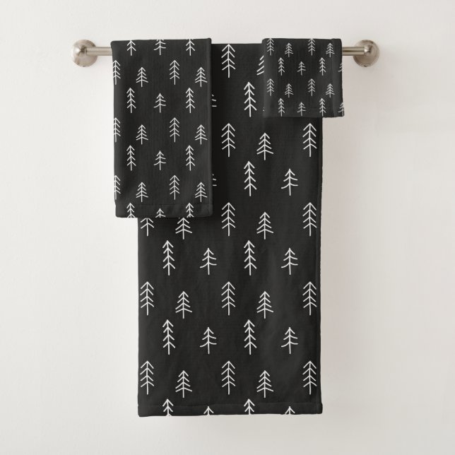 Modern Black and White Festive Pine Trees Pattern Bath Towel Set (Insitu)