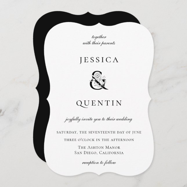Modern Black and White Floral Ampersand Wedding Invitation (Front/Back)