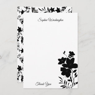 Modern Black and White Floral Blank Thank You Card