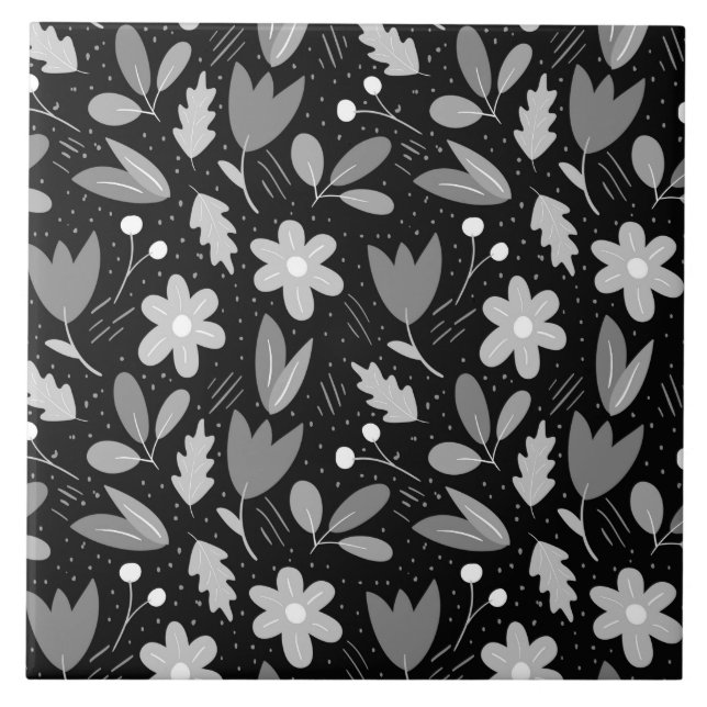 Modern Black and White Floral Ceramic Tile (Front)