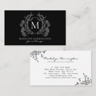 Modern Black and White Floral Crest Monogram Business Card