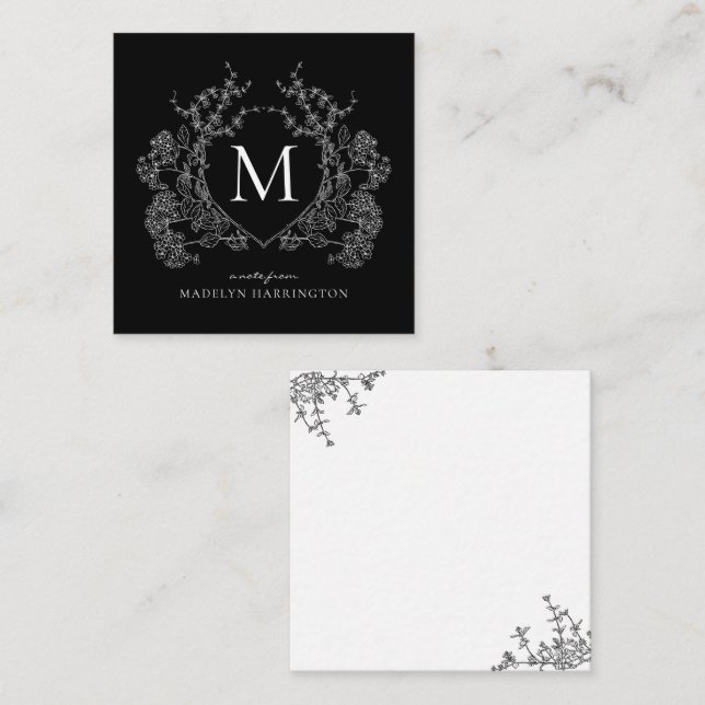 Modern Black and White Floral Crest Monogram Card (Front/Back)