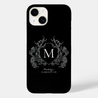 Modern Black and White Floral Crest Monogram