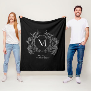 Modern Black and White Floral Crest Monogram Fleece Blanket