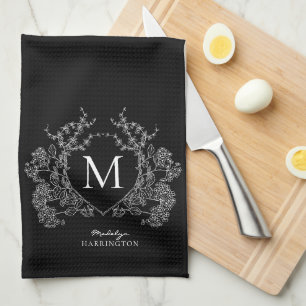 Modern Black and White Floral Crest Monogram Tea Towel