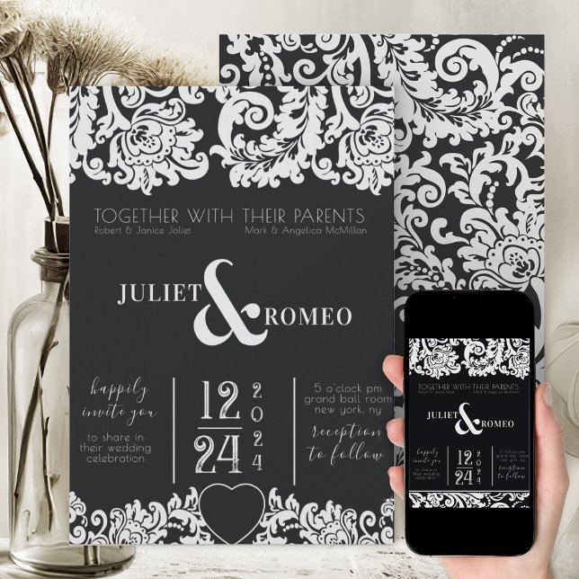 Modern Black and White Floral Damask Heart Wedding Invitation (modern black and white elegant wedding invitation with beautiful floral damask)
