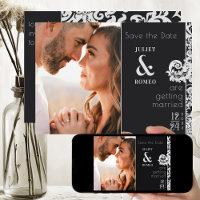 Modern Black and White Floral Damask Save The Date