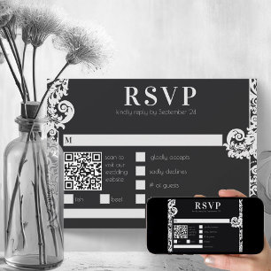 Modern Black and White Floral Damask Wedding RSVP Invitation