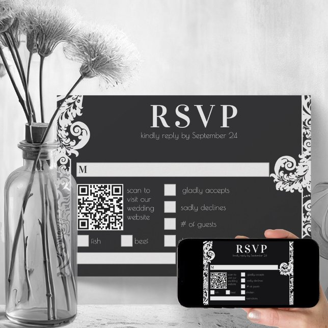 Modern Black and White Floral Damask Wedding RSVP  Invitation (elegant black and white wedding theme modern damask printable rsvp card)
