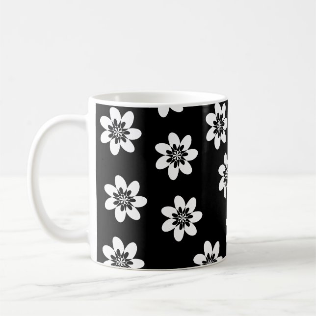 Modern Black and White Floral Design Coffee Mug (Left)