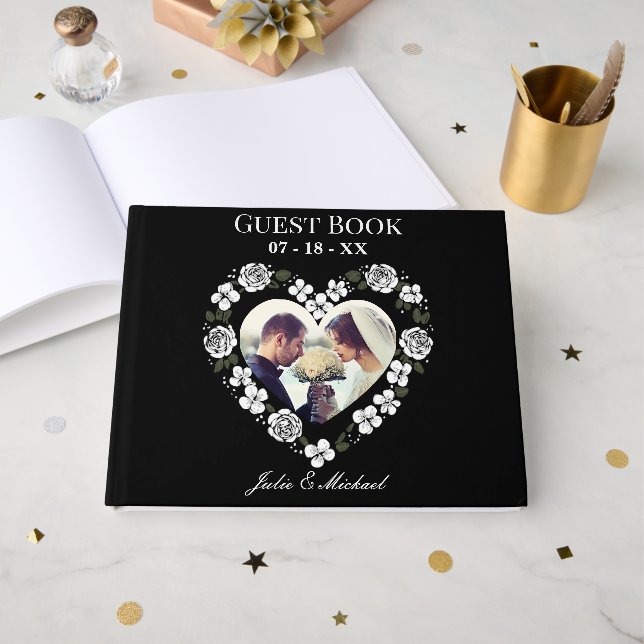 Modern Black and White Floral Heart Wedding Guest  Book (Front Open)
