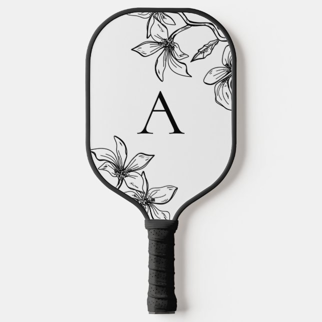 Modern Black and White Floral Monogram  Pickleball Paddle (Front)
