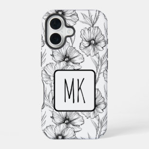 Modern Black and White Floral Monogrammed iPhone 16 Case