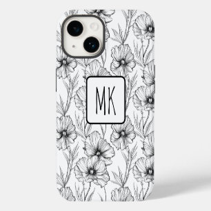 Modern Black and White Floral Monogrammed iPhone 14 Case