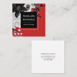 Modern Black and White Floral on Red Background Square Business Card