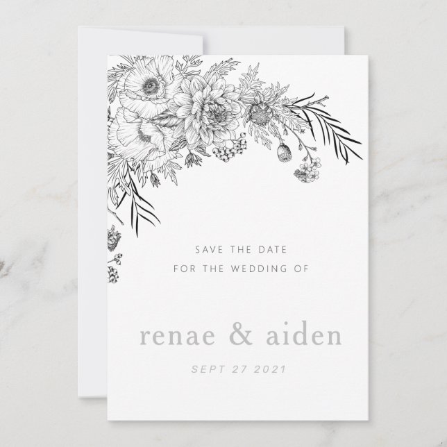 Modern black and white floral save the date card (Front)