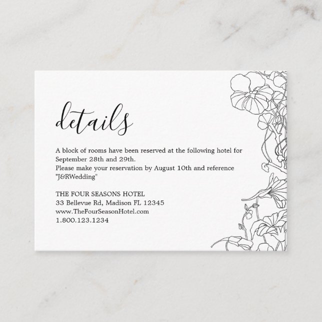 Modern Black and White Floral Wedding Details Enclosure Card (Front)