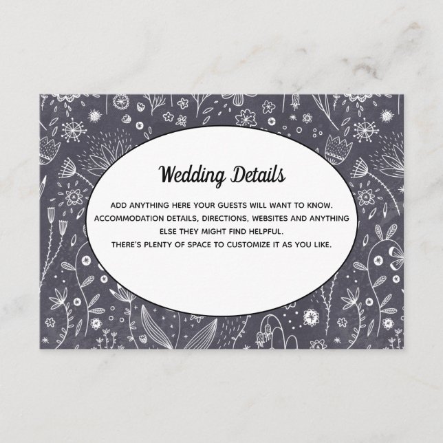 Modern Black and White Floral Wedding Details Enclosure Card (Front)