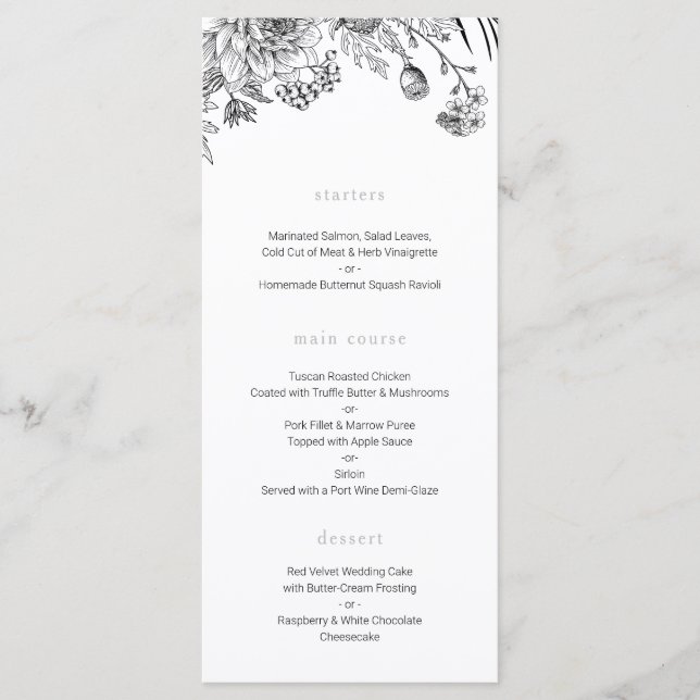 Modern black and white floral wedding menu (Front)