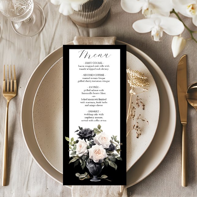 Modern Black and White Floral Wedding Menu (Creator Uploaded)
