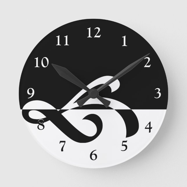 Modern Black and White Flourish Round Clock (Front)