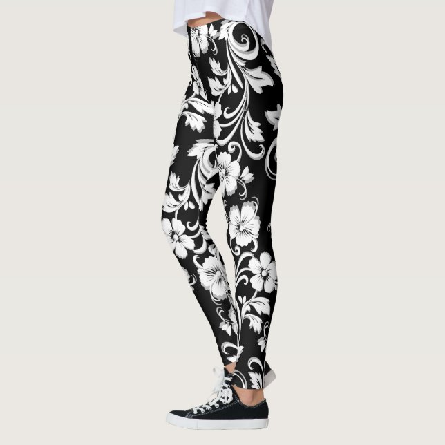 Modern black and white flowers Filigree artwork Leggings (Left)