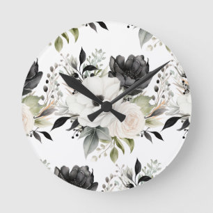 Modern Black and White Flowers Floral Clock