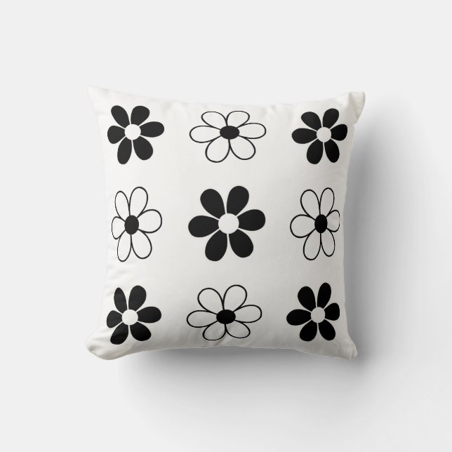 Modern Black and White Flowers on White Cushion (Front)
