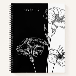 Modern Black and White Foral Personalised Notebook
