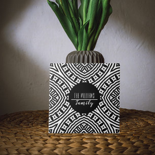 Modern Black And White Geometric Family Name Ceramic Tile