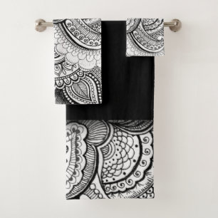 Modern Black and White Geometric Floral Pattern Bath Towel Set