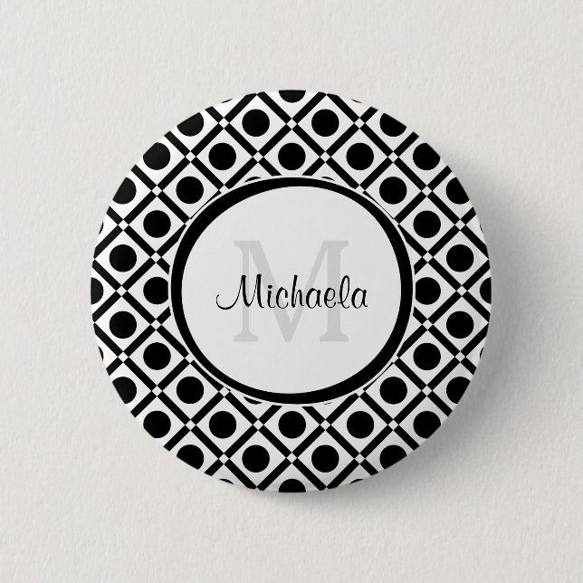Modern Black and White Geometric Monogram and Name 6 Cm Round Badge (Front)