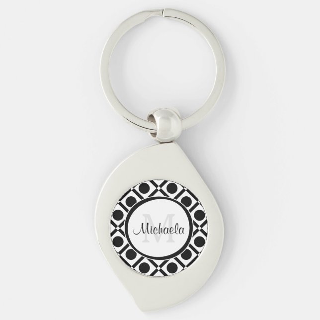 Modern Black and White Geometric Monogram and Name Key Ring (Front)