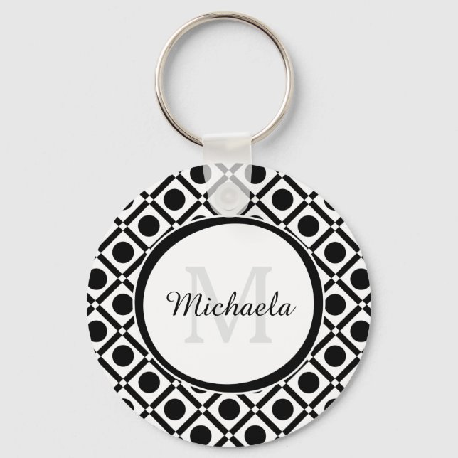 Modern Black and White Geometric Monogram and Name Key Ring (Front)